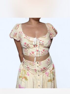 Free People Cream Crop Top with Pink Floral Print